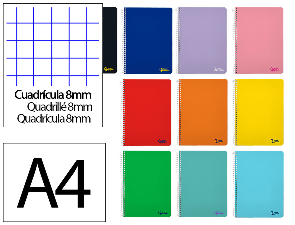 CUADERNO ESPIRAL LIDERPAPEL A4 SMART TAPA BLANDA 80H 75GR CUADRO 8 MM CON MARGEN COLORES SURTIDOS